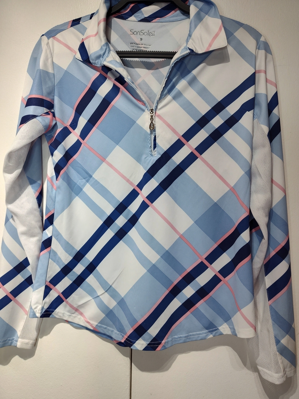 SunSoleil Women's Light Blue Plaid Long-Sleeve Performance Tee